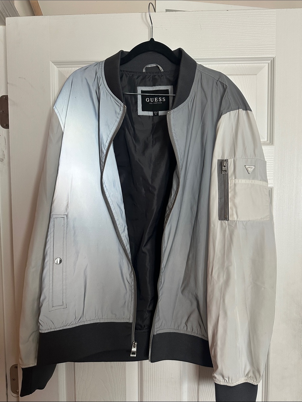 GUESS Reflective Light Gray and White Bomber Jacket